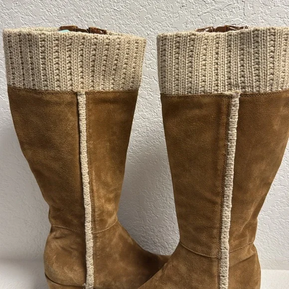 Leather Suede Tan Knee-High wedge Boots 8 - Picture 3 of 13